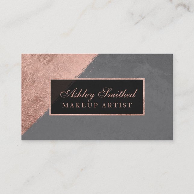 Modern rose gold stripe grey cement makeup business card (Front)
