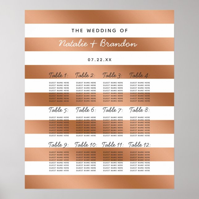 Modern Rose Gold Stripes Table Seating Chart (Front)