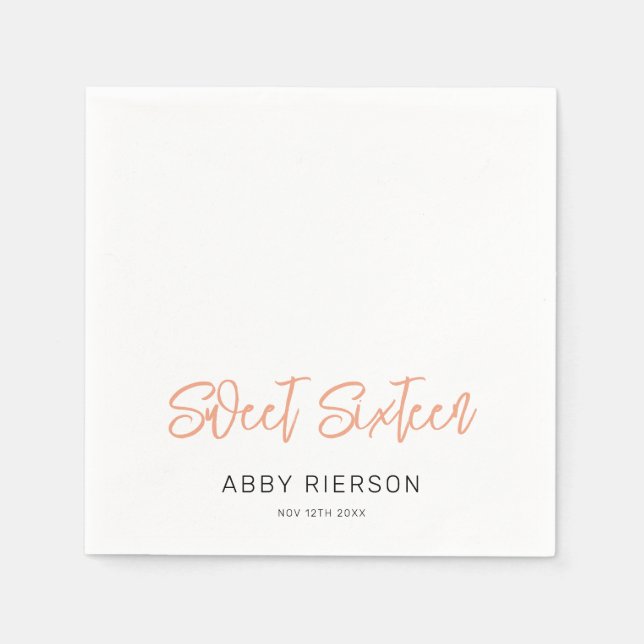 Modern Rose Gold Sweet Sixteen Custom Name Napkin (Front)