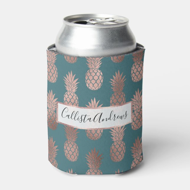 Modern Rose Gold Teal Green Pineapple Pattern Can Cooler (Can Front)