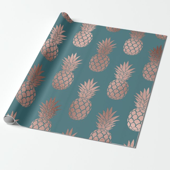 Modern Rose Gold Teal Green Pineapple Pattern Wrapping Paper (Unrolled)