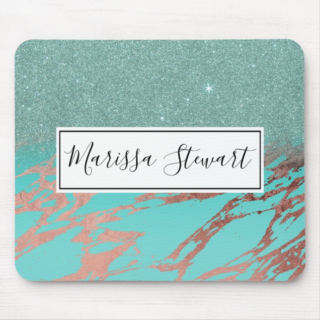 Modern Rose Gold Teal Marble Glitter Gradient Mouse Mat (Front)