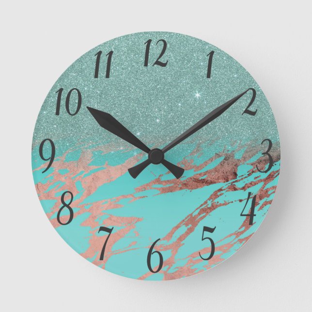 Modern Rose Gold Teal Marble Glitter Gradient Round Clock (Front)