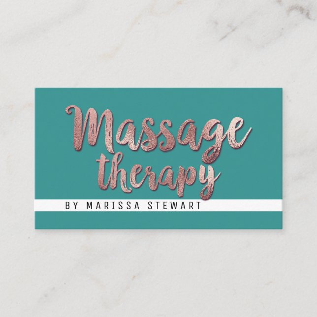 Modern Rose Gold Teal Simple Massage Therapist Business Card (Front)