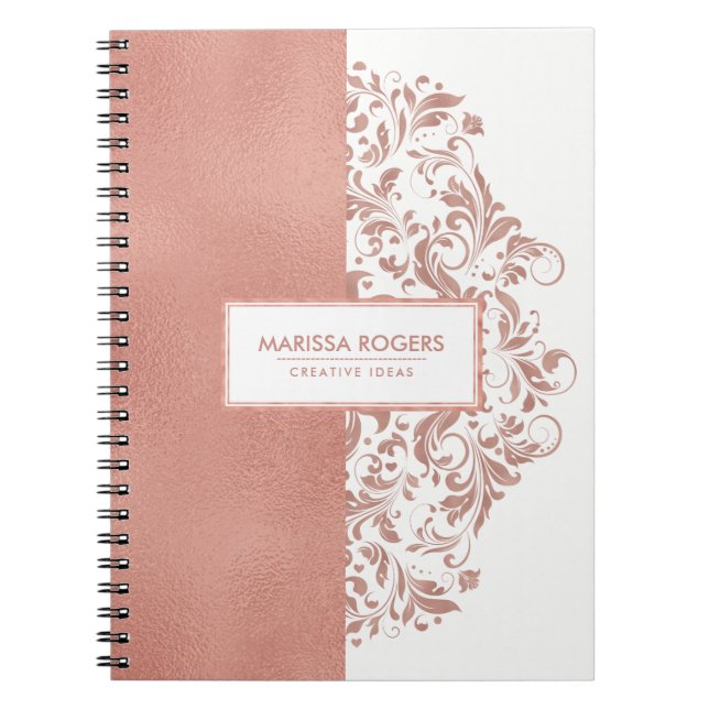 Modern Rose-Gold Texture & Swirls On White Notebook (Front)