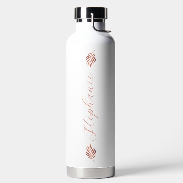 Modern Rose Gold Tropical Leaf with Name Water Bottle (Left)