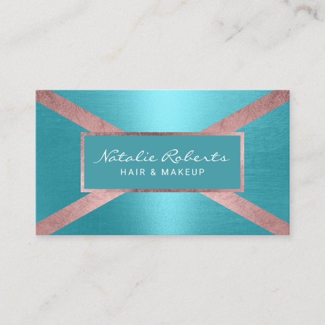 Modern Rose Gold & Turquoise Beauty Salon Business Card (Front)