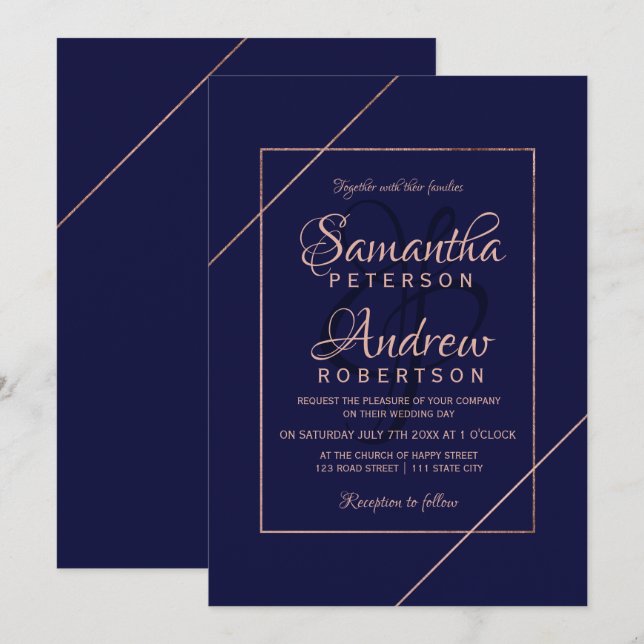 Modern rose gold typography navy frame wedding invitation (Front/Back)