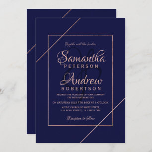 Modern rose gold typography navy frame wedding invitation