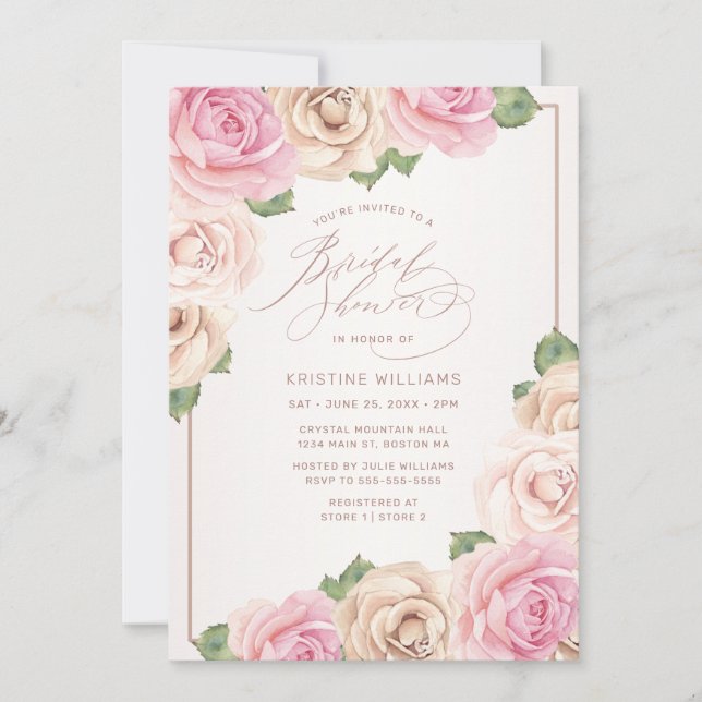 Modern Rose Gold Watercolor Floral Bridal Shower Invitation (Front)