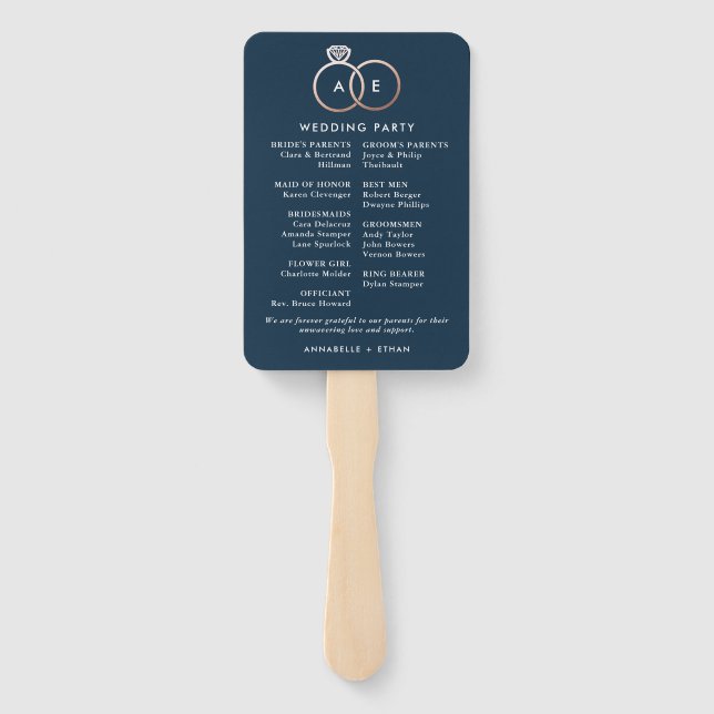 Modern Rose Gold Wedding Rings Ceremony Program Hand Fan (Back)