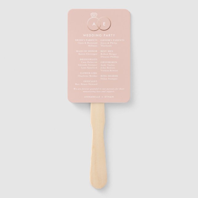 Modern Rose Gold Wedding Rings Ceremony Program Hand Fan (Back)
