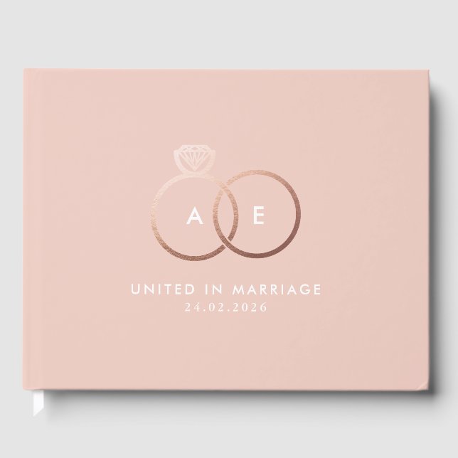 Modern Rose Gold Wedding Rings Monogram Guestbook (Front)