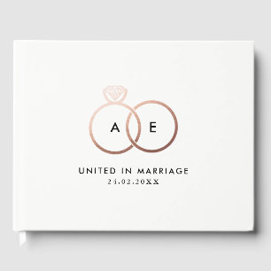 Modern Rose Gold Wedding Rings Monogram Guestbook