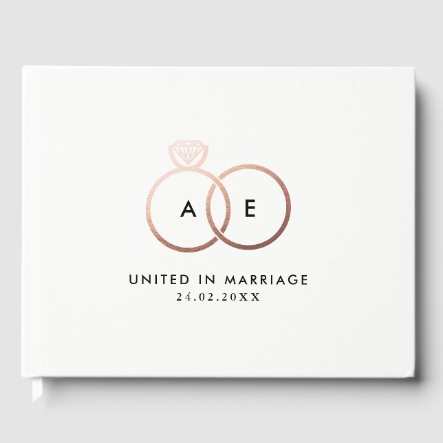 Modern Rose Gold Wedding Rings Monogram Guestbook (Front)