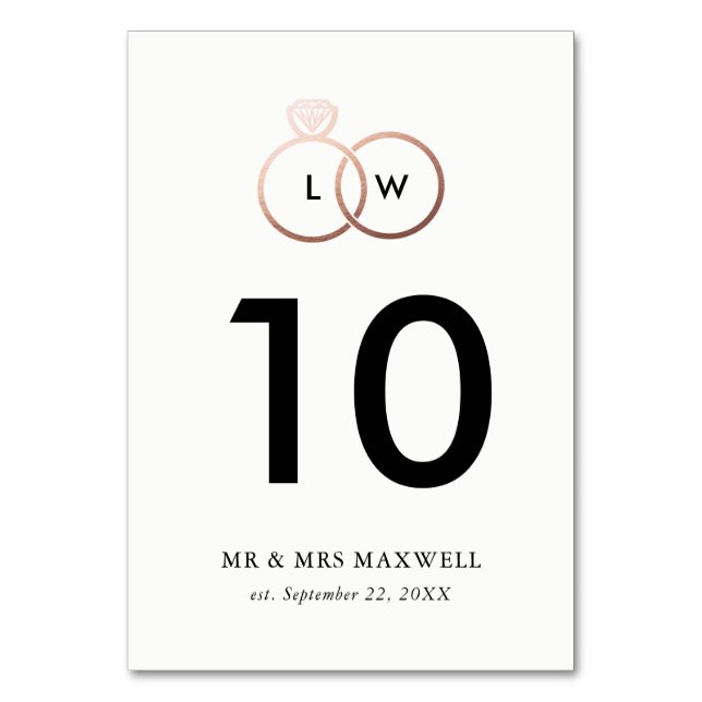 Modern Rose Gold Wedding Rings Table Number (Front)