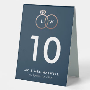 Modern Rose Gold Wedding Rings Table Number Navy