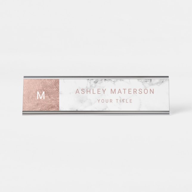 Modern rose gold white marble colour block desk name plate (Front)
