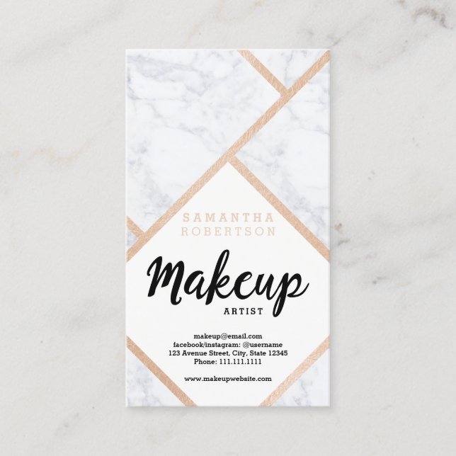 Modern rose gold white marble colour block Makeup Business Card (Front)