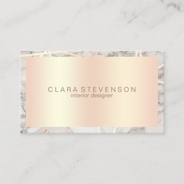 Modern rose gold & white marble interior designer business card (Front)