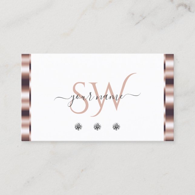 Modern Rose Gold White Sparkling Diamonds Monogram Business Card (Front)