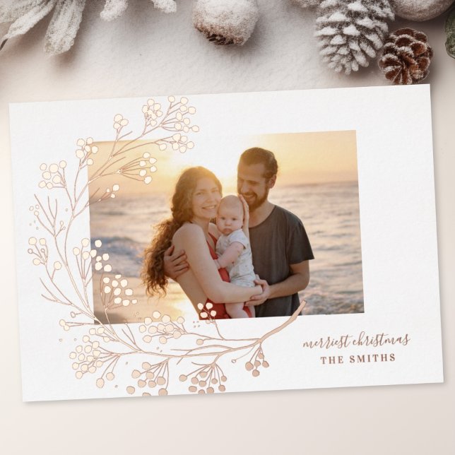 Modern ROSE Gold Winter Merry Christmas Photo Foil Holiday Card (Creator Uploaded)