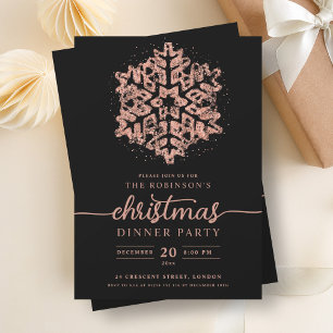 Modern Rose Gold Winter Snowflake Christmas Black Invitation
