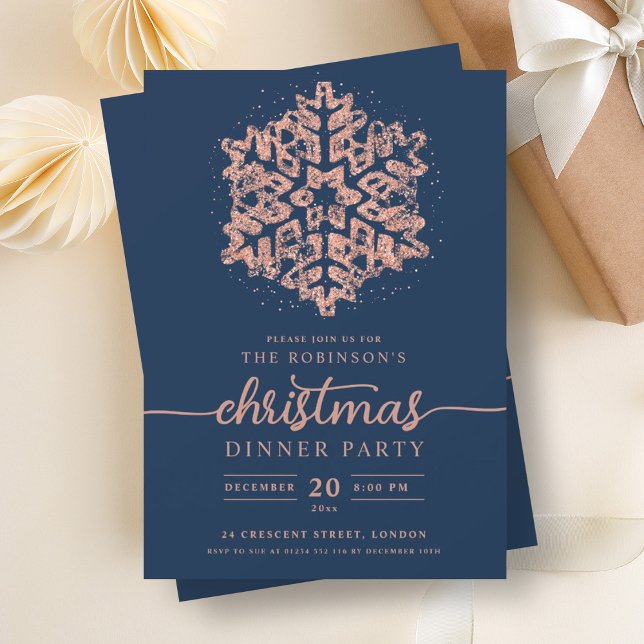 Modern Rose Gold Winter Snowflake Christmas Navy  Invitation (Modern Rose Gold Winter Snowflake Christmas Navy Invitation)