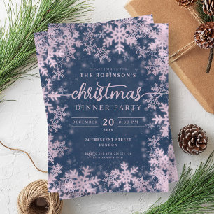 Modern Rose Gold Winter Wonderland Christmas Navy Invitation
