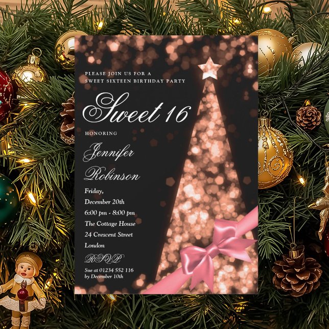 Modern Rose Gold Xmas Tree Bow Sweet 16 Birthday Invitation (Modern Rose Gold Xmas Tree Bow Sweet 16 Birthday Invitation)