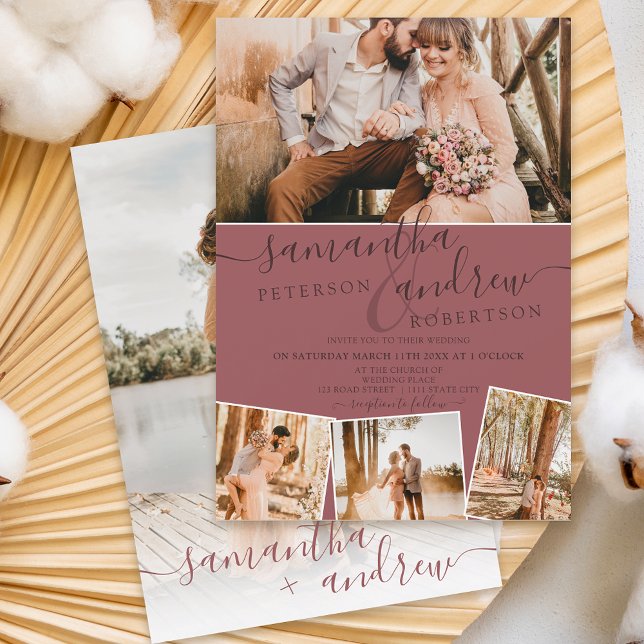 Modern rose minimalist script 5 photos wedding invitation (Creator Uploaded)