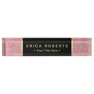 Modern Rose Pink Glitter Elegant Black Label Nameplate