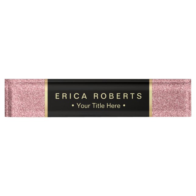 Modern Rose Pink Glitter Elegant Black Label Nameplate (Front)