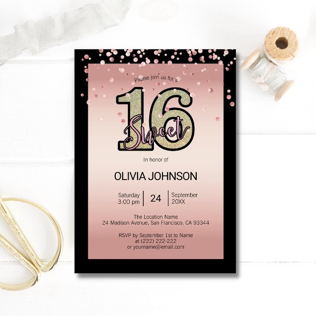 Modern Rose Pink Glitter Sparkle Sweet Sixteen 16 Invitation (Creator Uploaded)