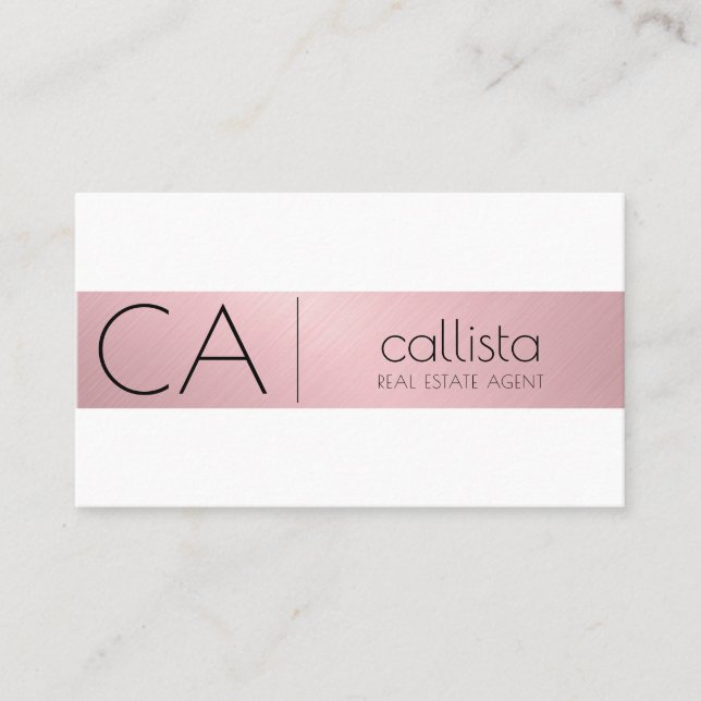 Modern Rose Pink Gold Metallic Stripe Monogram Business Card (Front)