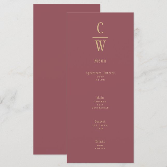 Modern Rose Pink Gold Wedding Monogrammed Menu (Front/Back)