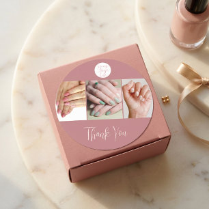 Modern Rose Pink Logo Photo Nail Salon Thank You Classic Round Sticker