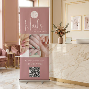 Modern Rose Pink Logo QR Code Photo Nail Salon Retractable Banner