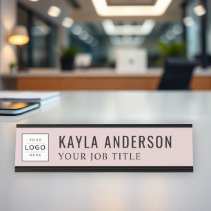 Modern Rose Pink Personalised Business Logo Desk Name Plate