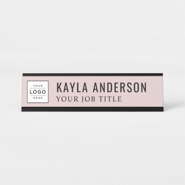 Modern Rose Pink Personalised Business Logo Desk Name Plate (Front)