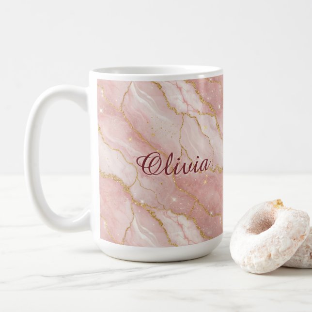 Modern Rose Quartz Marble Gold Glitter Coffee Mug (With Donut)