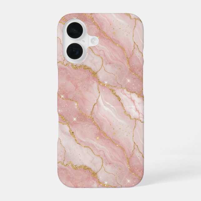 Modern Rose Quartz Marble Gold iPhone 16 Case (Back)