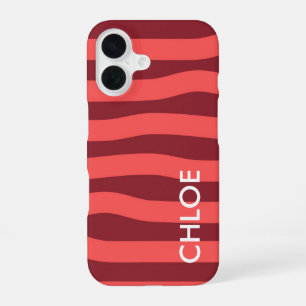 Modern Rose Red Wave Stripes Name iPhone 16 Case