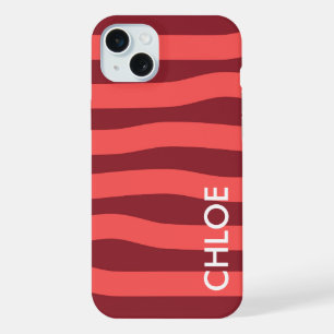 Modern Rose Red Wave Stripes Name iPhone 15 Plus Case