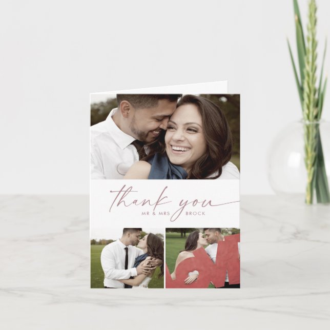 Modern Rose Script 3 Photo Collage Folded Wedding Thank You Card (Front)