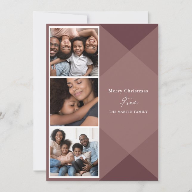 Modern Rose Three Photo Calligraphy Plaid Holiday Card (Front)