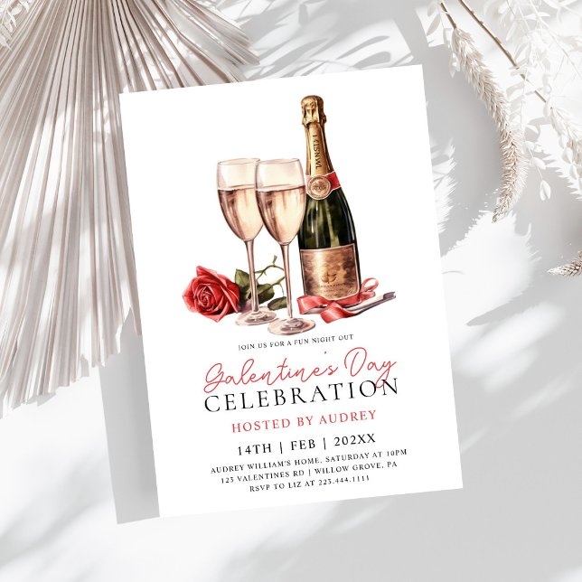 Modern Rose Wine Champagne Galentine's Day Party Invitation (Creator Uploaded)