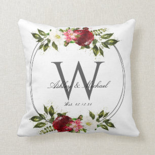 Modern Rose Wreath Monogram Wedding Keepsake Cushion