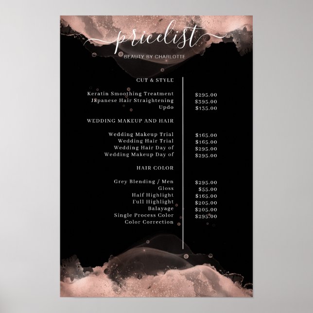Modern Roségold Black Watercolor Pricelist Poster (Front)