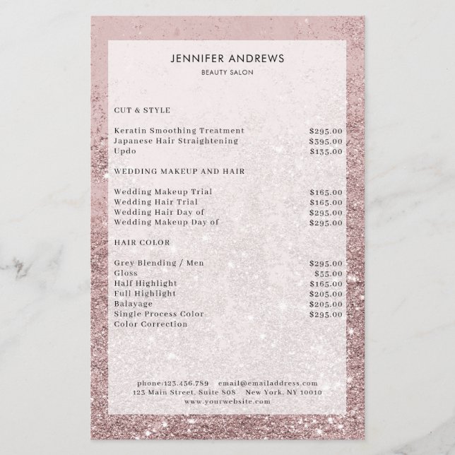 Modern Rosegold Glitter Salon Price List  Flyer (Front)